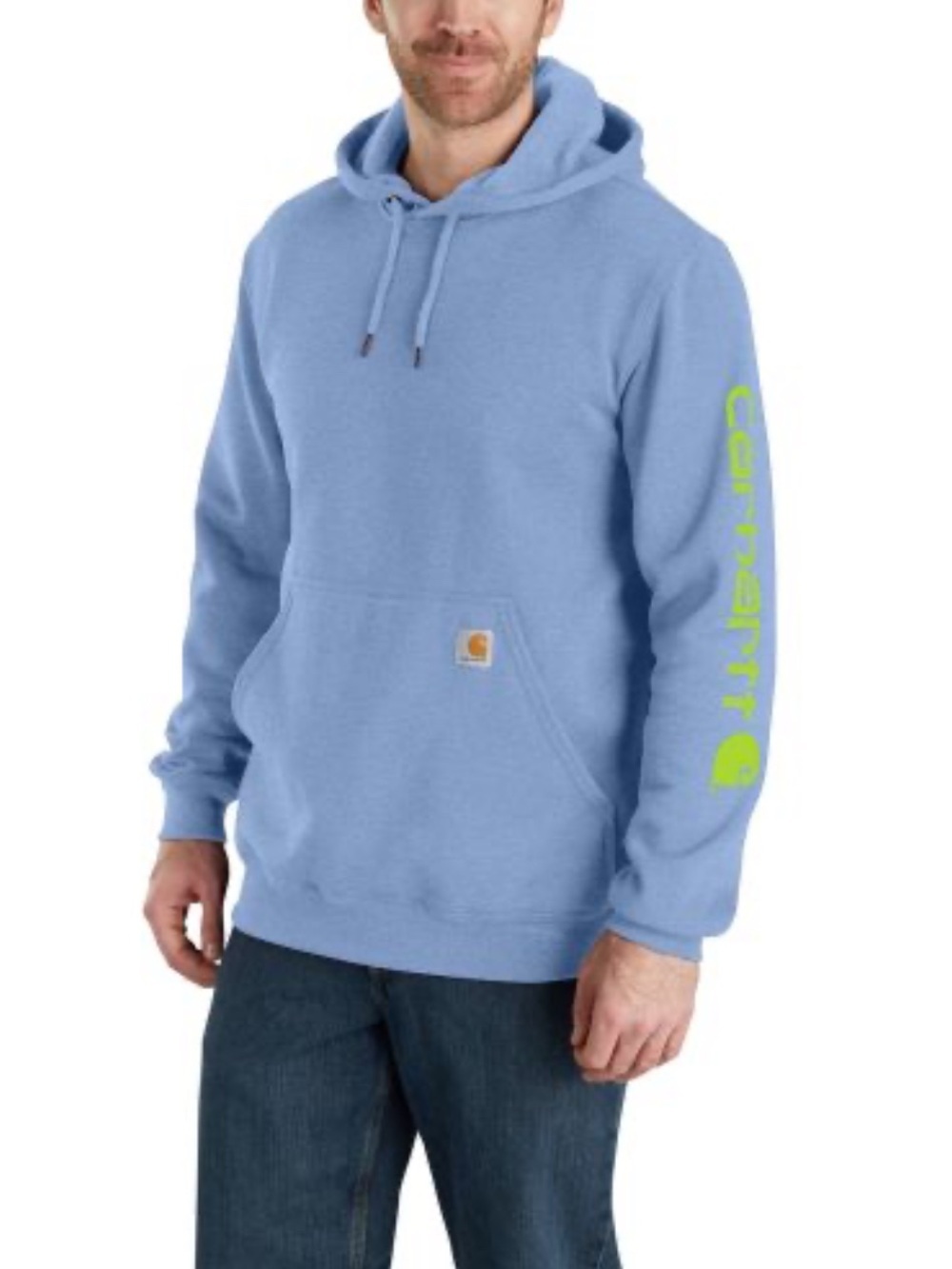 Carhartt Men’s Sky Blue Hoodie with Lime Sleeve Logo